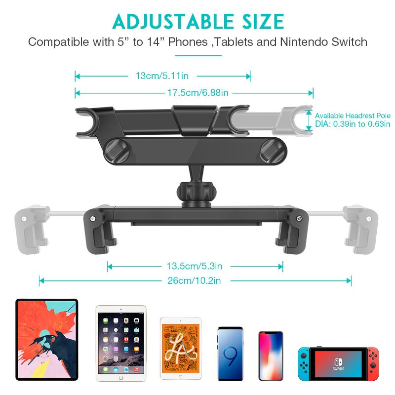 Sawake Yleiskäyttöinen Auton Niskatuen Tablettikiinnitys 360° Kääntyvä Säädettävä Automaattinen Istuimen Selkänoja Puhelinteline Teline Takapenkille Ipadille/tabletille/älypuhelimelle 5-14 Tuuman Laitteille