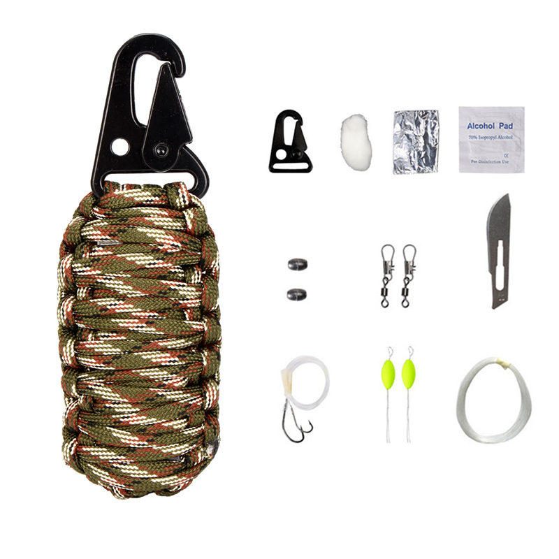 16 Kpl Outdoor Paracord Kit Selviytymisköysi Setti Kalastusvälineet Camping Karabiini Hätävarusteet