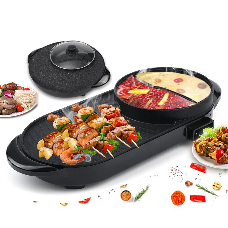 220 V Sähköinen Monitoimiliesi 2-in-1 Hot Pot Bbq Uuni Savuton Tarttumaton Grilli Paistolevy