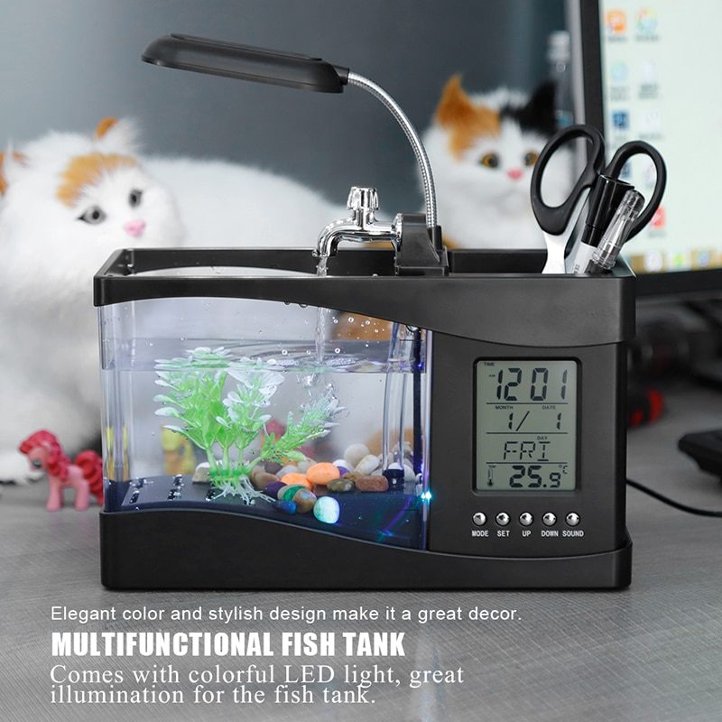 Fish Mini Aquarium Tank Led-valo Lcd-näyttökello