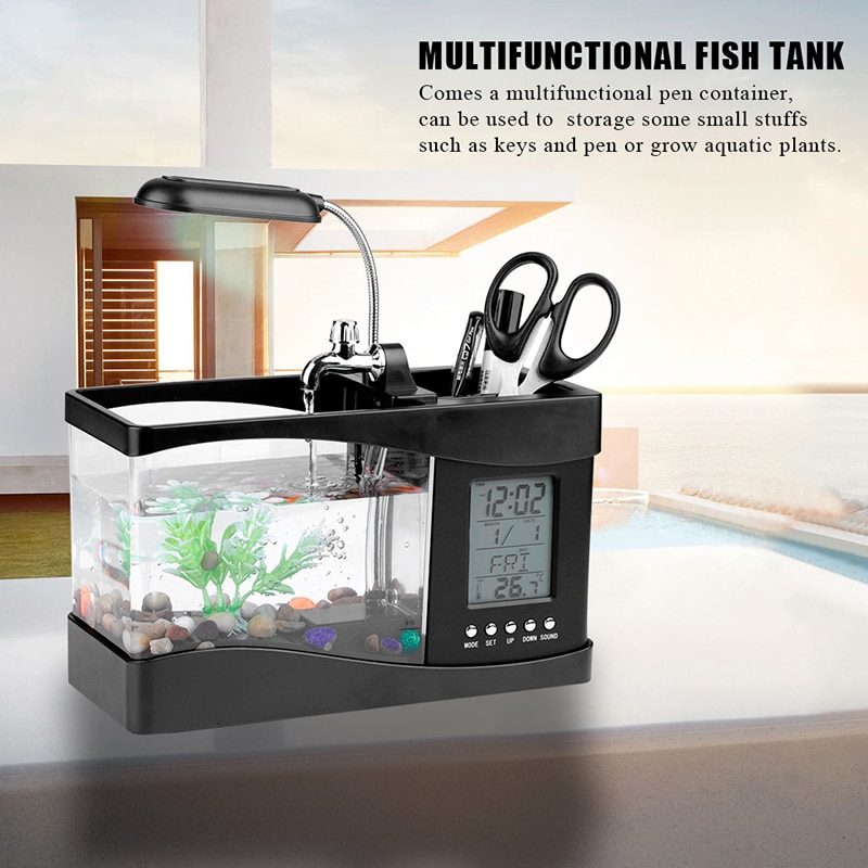 Fish Mini Aquarium Tank Led-valo Lcd-näyttökello