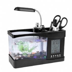 Fish Mini Aquarium Tank Led-valo Lcd-näyttökello