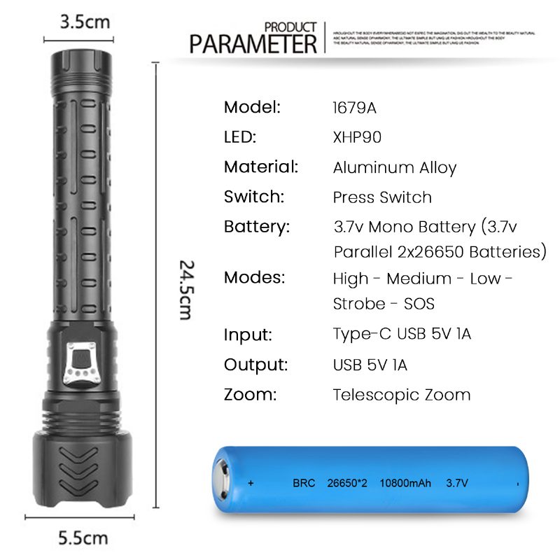 Kannettava Usb-ladattava 5 Tilaa Ja Zoomattava P70.2 Taktinen Taskulamppu Korkea Kirkkaus Vedenpitävä