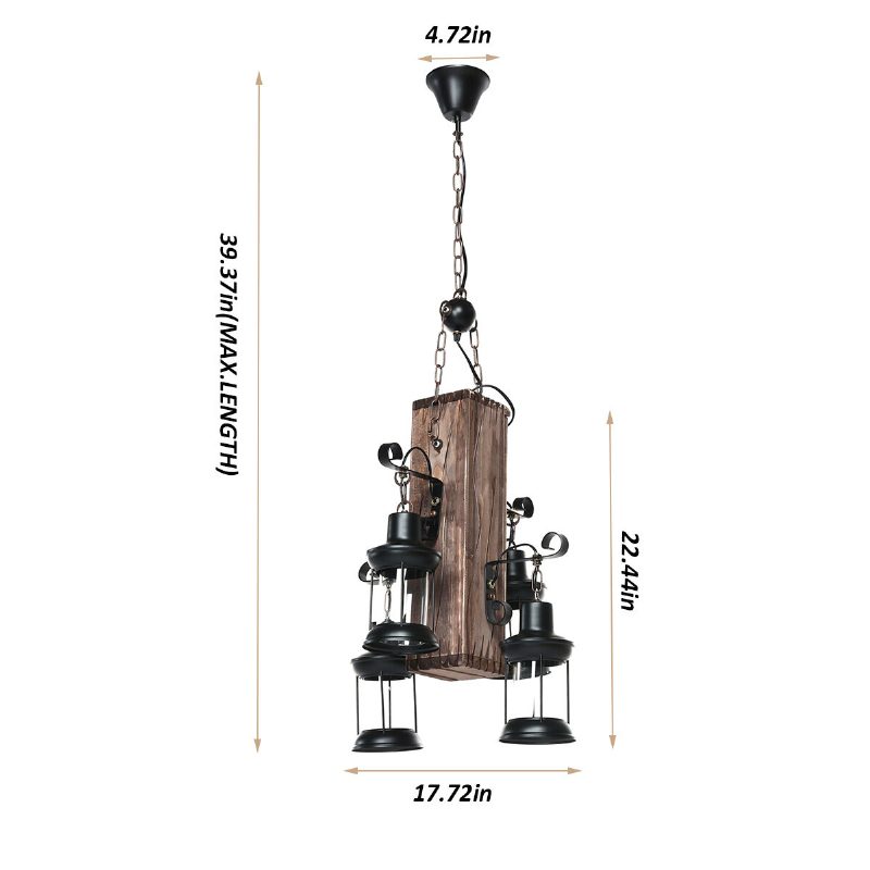 Maalaistyylinen Puinen 4-päinen Teollisuuskattokruunu Rautainen Kattovalaisin Riippuvalaisin
