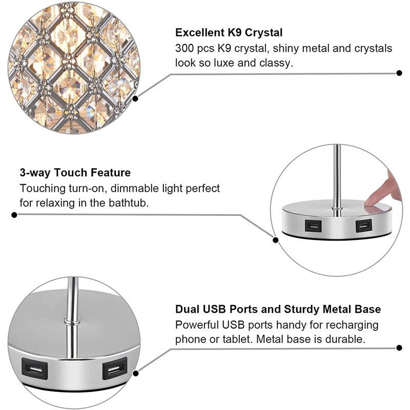 Usb-ladattava Kristallipöytälamppu Kosketushimmentävä Yövalot Makuuhuoneen Led-yövalo Valonlähteellä