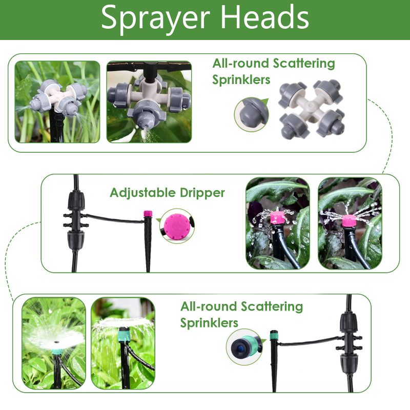 Tippakastelusarja 59ft/18m Puutarhan Kastelujärjestelmä Kasvihuoneen Patio Automaattiset Kastelusarjat Kaksisuuntaisella Messinkikierteisellä Liittimellä Ja 4 Erilaista Ruiskua Helppo Asennus