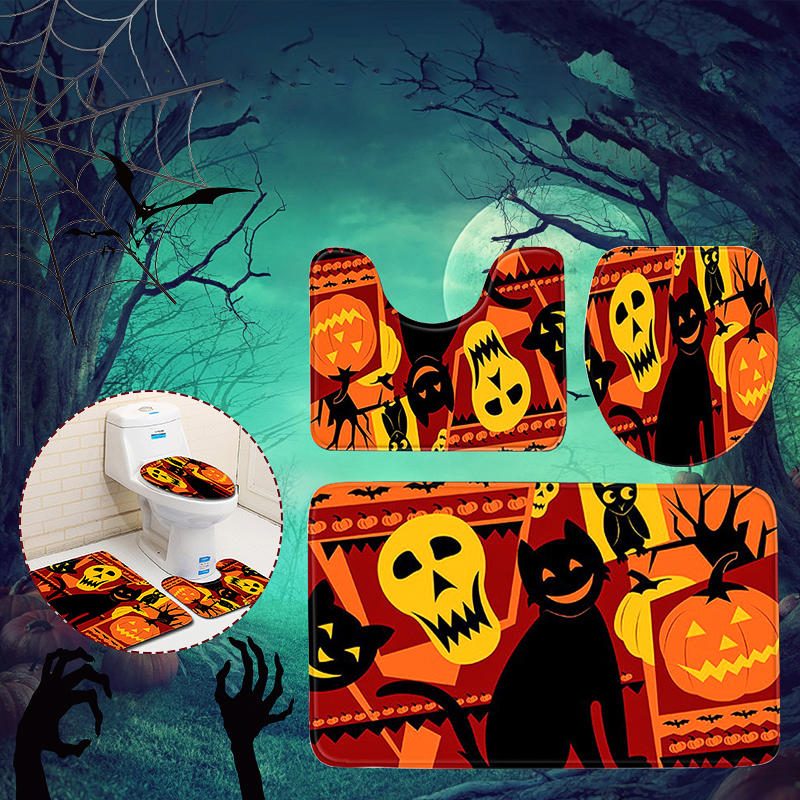 3 Kpl Halloween Print Matto Kylpyhuoneen Liukumaton Jalusta Kansi Wc-suojus Kylpymattosarja