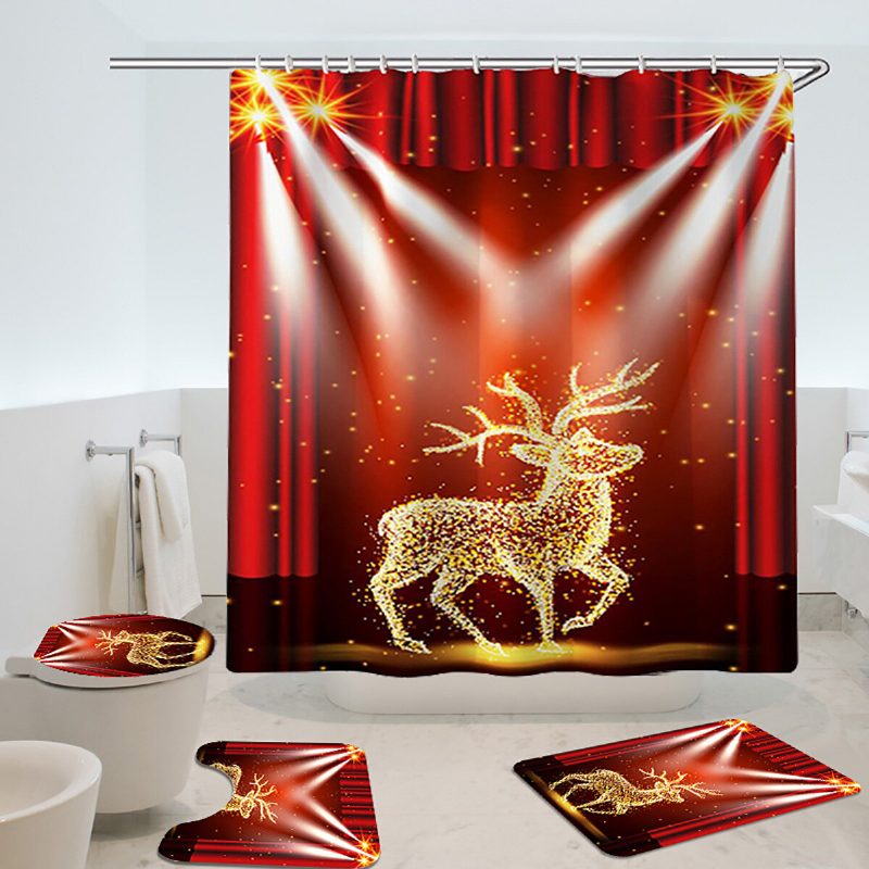 Christmas Elk Vedenpitävä Suihkuverhosarja Liukumaton Myrkytön Wc-matto Wc-kannen Päällinen Setti